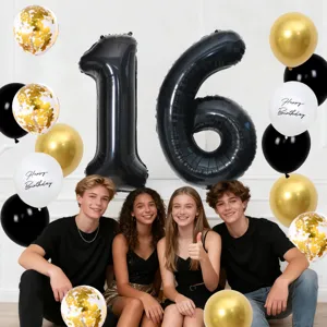 40-inch black number 16 gold confetti birthday party decoration balloons set.