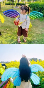 Inflatable butterfly wings balloon details, colorful iridescent fairy foil balloons for kids party.