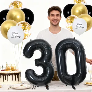 Black number 30 birthday balloon set with gold confetti and happy birthday balloons for party.
