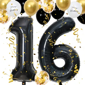 40 inch black number 16 foil balloon set with gold confetti balloons for birthday party decoration