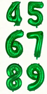 Detailed view of green foil number balloons 4 to 9, perfect for party decoration and celebrations.