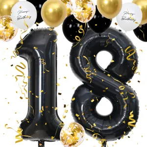 40 inch black number 18 balloon set with gold confetti and balloons for birthday party decor.