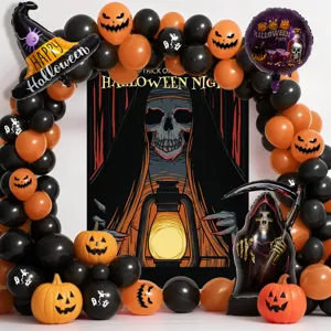 Halloween party balloon arch kit with spooky pumpkin skeleton foil balloons for holiday decor.