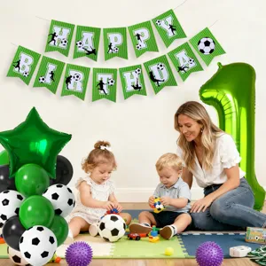 1st birthday party decoration set soccer theme banner and green latex foil balloons setup