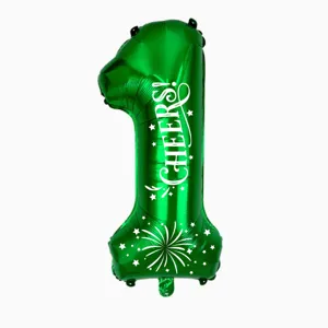 Close-up detail of the green number 1 foil balloon featuring white cheers text and stars.