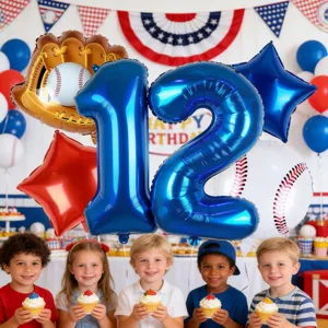 Baseball theme birthday party foil balloon set detail featuring number twelve and glove design.