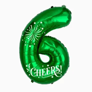 Green foil balloon detail showcasing number six shape with celebratory white cheers print design.