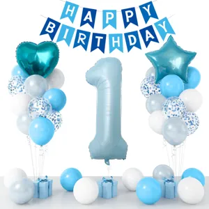 1st birthday party decoration set with happy birthday banner blue balloons and foil number one.