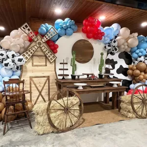 Geburtstag Party Ballonbogen Hintergrund Set mit Holz Windmühle und Wagenrad Dekor Requisiten.