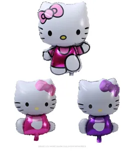 Detailed view of Hello Kitty foil balloon set in pink and purple for party decoration.