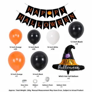 Halloween party decoration balloon set with banner, witch hat balloon and assorted balloons.