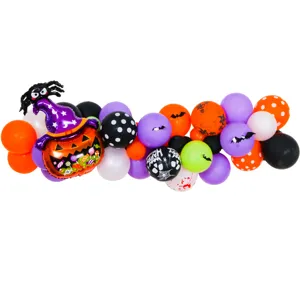 Halloween balloon garland arch kit with orange purple black balloons and giant pumpkin foil balloon.