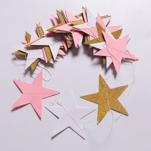 Pink white gold glitter paper star garland for festive party and backdrop decoration.
