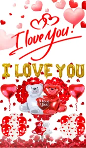 Valentine's Day balloon set with foil heart bear balloons, letter balloons, and rose petals.