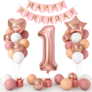 1st birthday party decoration set with pink number balloon, latex balloons and banner.