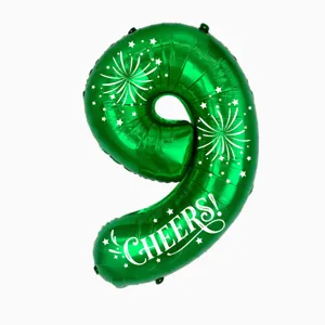Close-up of a 32-inch green foil number 9 balloon with celebratory cheers and fireworks print.