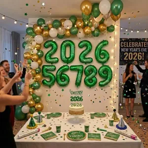 Green foil number balloons 32 inch set for New Year party celebration and birthday decor.