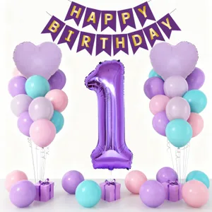 1st birthday party decoration set with number foil balloon, banner, and colorful latex balloons.