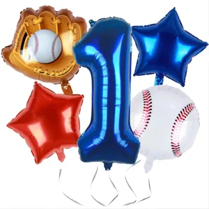 Baseball theme party foil balloon set including number one glove and stars for birthday decor.