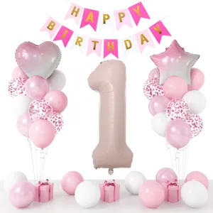 1st birthday party decoration balloon set with number 1 foil balloons and pink latex balloons