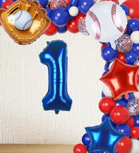 Birthday party balloon arch kit featuring number 1, baseball and star foil balloons.
