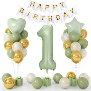 1st birthday party decoration set with sage green balloons, gold balloons and happy banner