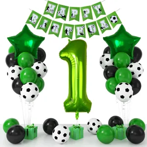 1st birthday party decoration set with green number balloon, star balloons, and soccer latex balloons.