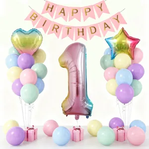 Pastel 1st birthday party balloon set with number one foil balloons and happy birthday banner details