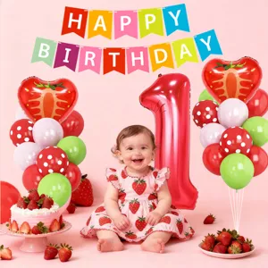 1st birthday party decoration set with happy birthday banner, number 1 and strawberry balloons.