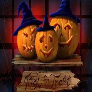 Φόντο διακόσμησης πάρτι Halloween με χαριτωμένες σκαλισμένες κολοκύθες και πινακίδα.