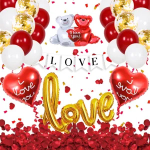 Valentine's Day balloon set, red white latex balloons, heart foil balloons, love banner.