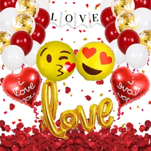 Valentine's Day balloon set with red white latex and heart foil balloons for romantic party.