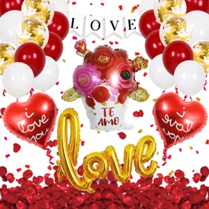 Valentine's Day balloon decoration set with heart foil balloons, latex balloons and rose petals.