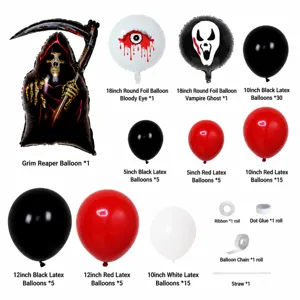 Halloween Party Ballonset mit Sensenmann und verschiedenen Latexballons fuer Dekoration.