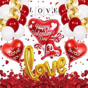 Valentine's Day balloon set with heart foil balloons, red white latex balloons and gold LOVE decor.