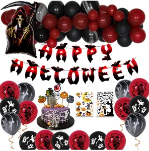 Halloween feest decoratie ballon set met Magere Hein, banner, taarttoppers en stickers.