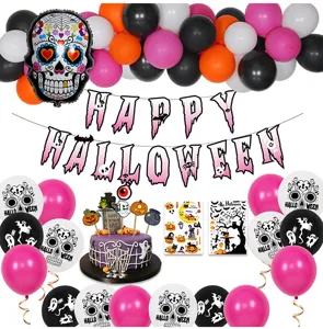 Compleet Halloween feestdecoratie ballonnen set met griezelige schedels en banner.