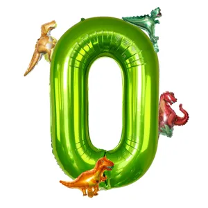 Detailed view of the 40-inch green number zero dinosaur foil balloon for birthday party decor.