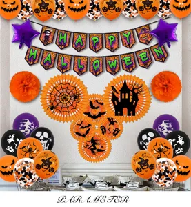 Halloween feest decoratie set met ballonnen banner papieren waaiers griezel artikelen