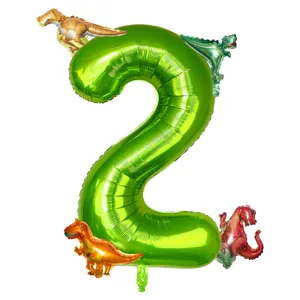 Detailed view of the 40-inch green number 2 foil balloon with cute dinosaur decorations.