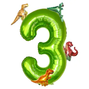 Detailed view of 40-inch green number 3 foil balloon with cute dinosaur designs for party decor.