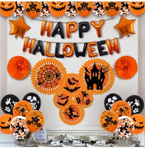 Halloween feestdecoratie ballonset met griezelige pompoenen, geesten en papierwaaiers.
