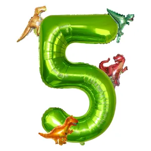 40 inch giant green number 5 dinosaur foil balloon set for kids birthday party decoration.