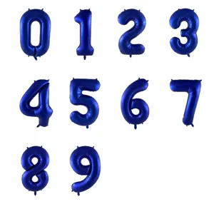 Detailed size chart of dark blue number foil balloons, showing dimensions for 0 to 9 digits.