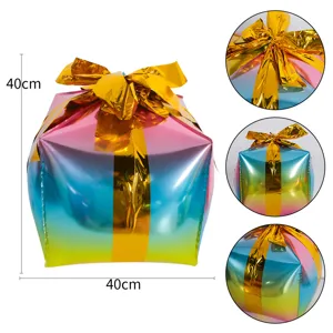 Christmas Gift Box Aluminum Film Balloon Six Sided Cube Balloon With Ribbon Bow For Mall Party Decorative Supplies