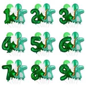 Dinosaur birthday balloon set with numbers 1-9, foil dinosaur and latex balloons for kids party.