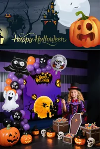 Kit de decoration de fete d'Halloween avec ballons aluminium fond et accessoires festifs