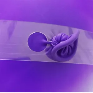 Transparent balloon strip detail view showing how to insert purple latex balloon knots safely.
