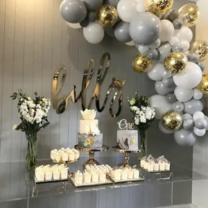 Balloon arch kit party decoration background wall setup with gray white and gold confetti balloons