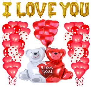 Valentine's Day balloon set with love bears, gold I LOVE YOU letters, red white hearts for party